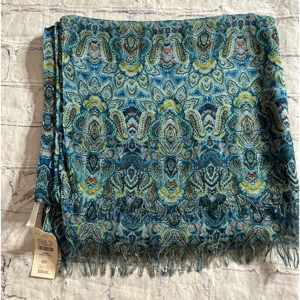 TALBOTS OUTLET BOHEMIAN TEAL MULTI COLORED POLYESTER YKK LIGHTWEIGHT SCARF NEW